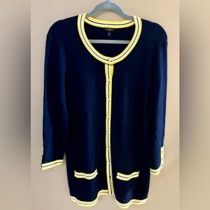 Talbots 1X Navy Cardigan Sweater with Yellow and White Accents, EUC